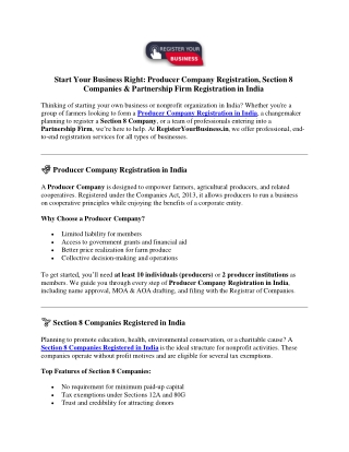 Start Your Business Right Producer Company Registration, Section 8 Companies & Partnership Firm Registration in India