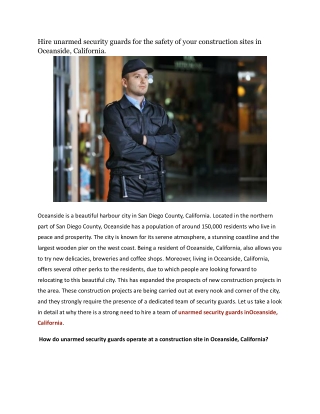 Hire unarmed security guards for the safety of your construction sites in Oceanside, California
