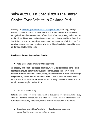 Why Auto Glass Specialists is the Better Choice Over Safelite in Oakland Park