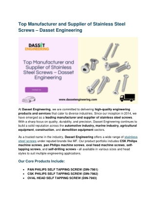 Top Manufacturer and Supplier of Stainless Steel Screws