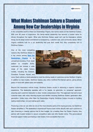 What Makes Stohlman Subaru a Standout Among New Car Dealerships in Virginia