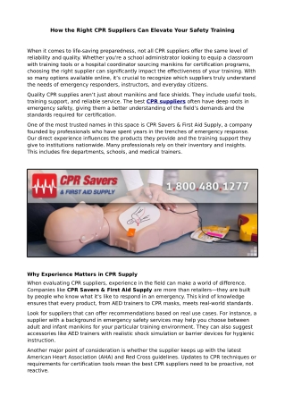 How the Right CPR Suppliers Can Elevate Your Safety Training