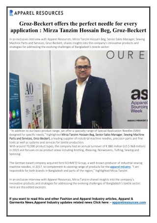 Groz-Beckert offers the perfect needle for every application - Mirza Tanzim Hossain Beg, Groz-Beckert