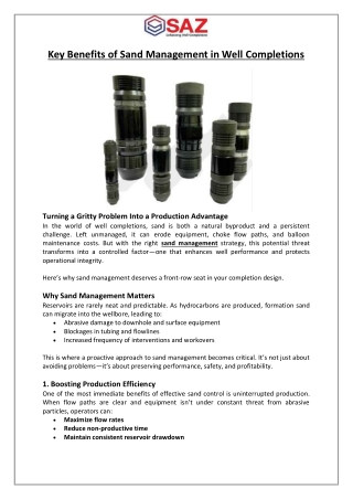 Key Benefits of Sand Management in Well Completions
