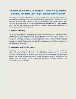 Benefits of Industrial Ventilation – Powered by Perkins Blowers