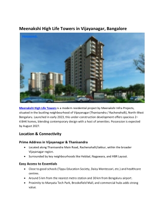 Meenakshi High Life Towers in Thanisandra, Bangalore