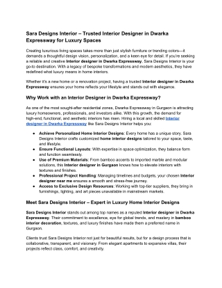 Sara Designs Interior – Trusted Interior Designer in Dwarka Expressway for Luxury Spaces