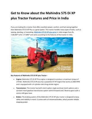 Get to Know about the Mahindra 575 Di XP plus Tractor Features and Price in India