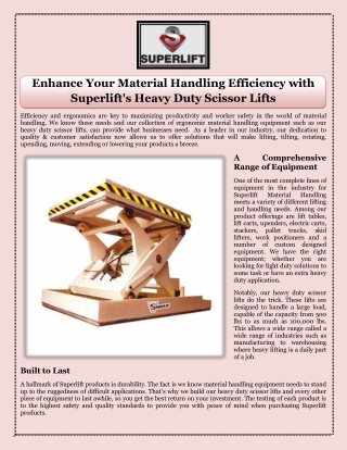 Enhance Your Material Handling Efficiency with Superlift's Heavy Duty Scissor Lifts