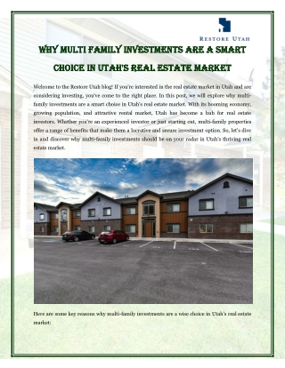 Why Multi Family Investments are a Smart Choice in Utah's Real Estate Market