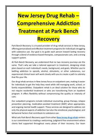 New Jersey Drug Rehab – Comprehensive Addiction Treatment at Park Bench Recovery