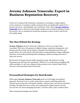 Jeremy Johnson Temecula: A Reputation Expert for Struggling Brands
