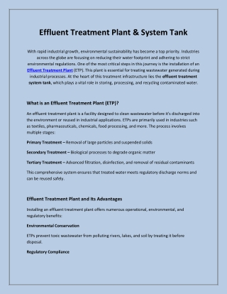 Effluent Treatment Plant & Its Advantages