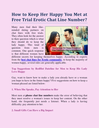 How to Keep Her Happy You Met at Free Trial Erotic Chat Line Number?