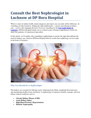 Consult the Best Nephrologist in Lucknow at DP Bora Hospital