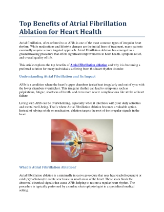 Top Benefits of Atrial Fibrillation Ablation for Heart Health