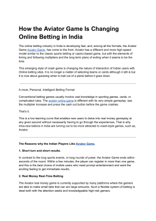 How the Aviator Game Is Changing Online Betting in India