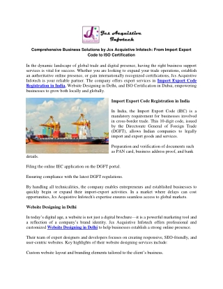 Comprehensive Business Solutions by Jcs Acquistive Infotech From Import Export Code to ISO Certification