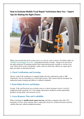 How to Evaluate Mobile Truck Repair Technicians Near You – Expert Tips for Making the Right Choice