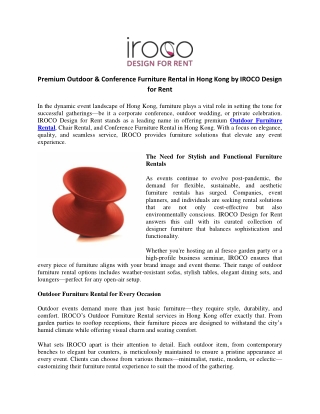 Premium Outdoor Conference Furniture Rental in Hong Kong by IROCO Design for Rent