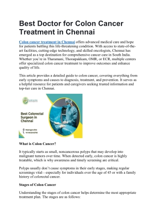 Best Doctor for Colon Cancer Treatment in Chennai