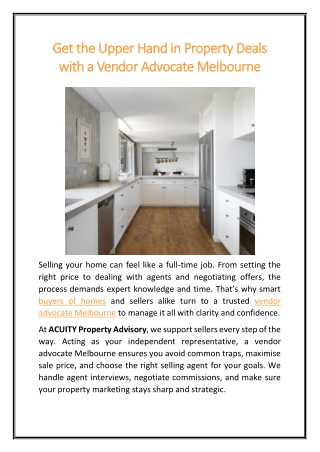 Get the Upper Hand in Property Deals with a Vendor Advocate Melbourne
