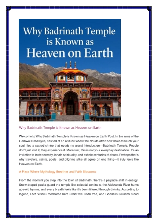 Why Badrinath Temple is Known as Heaven on Earth