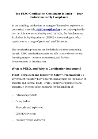 Top PESO Certification Consultants in India — Your Partners in Safety Compliance