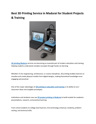 Best 3D Printing Service in Madurai for Student Projects & Training