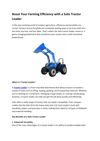 Boost Your Farming Efficiency with a Solis Tractor Loader
