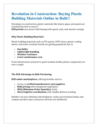 Revolution in Construction: Buying Plastic Building Materials Online in Bulk!!
