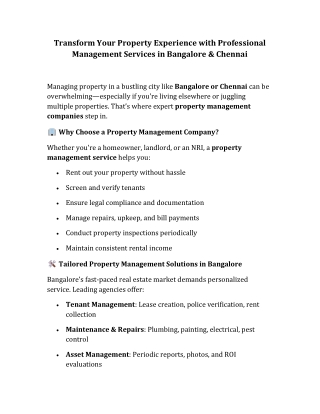 Transform Your Property Experience with Professional Management Services in Bangalore & Chennai