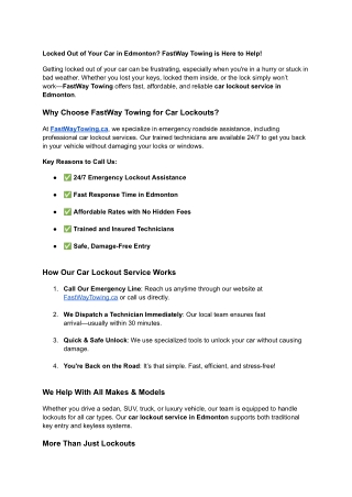fastway towing - car lockout service in edmonton
