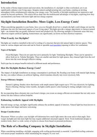 Skylight Installation Benefits: More Light, Less Energy Costs!