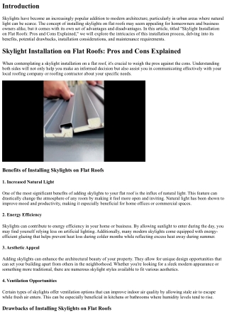Skylight Installation on Flat Roofs: Pros and Cons Explained
