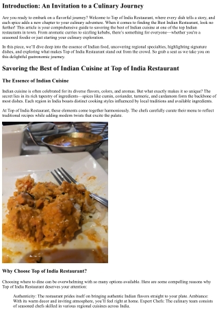 Savoring the Best of Indian Cuisine at Top of India Restaurant