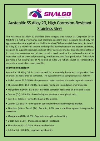 Austenitic SS Alloy 20, High Corrosion-Resistant Stainless Steel