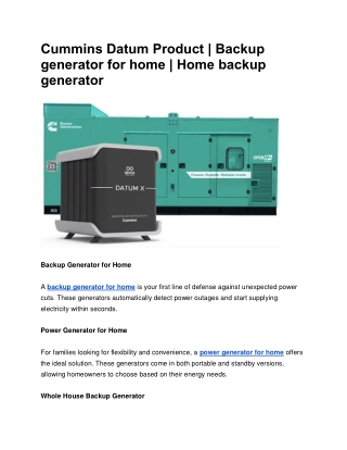 Cummins Datum Product | Backup generator for home | Home backup generator