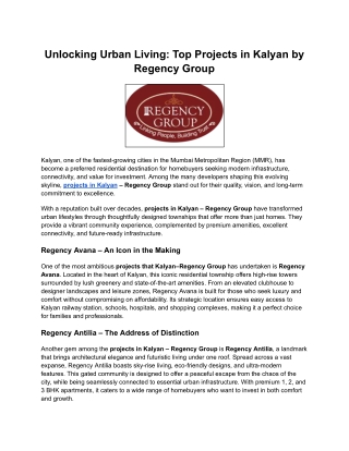 Unlocking Urban Living_ Top Projects in Kalyan by Regency Group