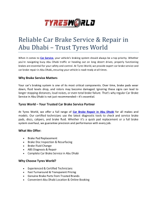 Reliable Car Brake Service & Repair in Abu Dhabi – Trust Tyres World