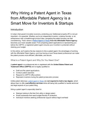 Why Hiring a Patent Agent in Texas from Affordable Patent Agency is a Smart Move for Inventors & Startups