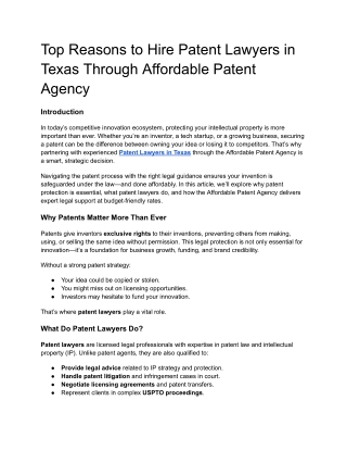 Top Reasons to Hire Patent Lawyers in Texas Through Affordable Patent Agency