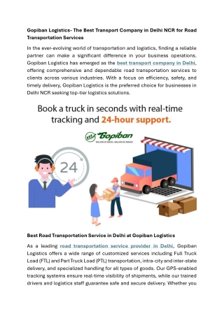 Gopiban Logistics- The Best Transport Company in Delhi NCR for Road Transportation Services