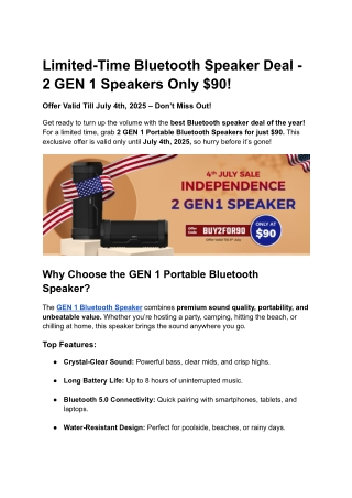 Limited-Time Bluetooth Speaker Deal - 2 GEN 1 Speakers Only $90