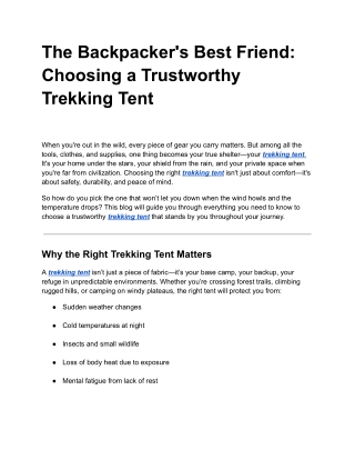 The Backpacker's Best Friend: Choosing a Trustworthy Trekking Tent