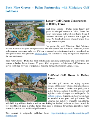 Back Nine Greens – Dallas Partnership with Miniature Golf Solutions