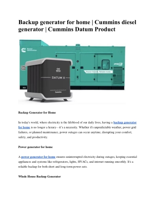 Backup generator for home | Cummins diesel generator | Cummins Datum Product