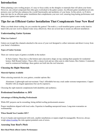 Tips for an Efficient Gutter Installation That Complements Your New Roof