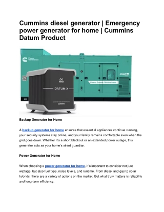 Cummins diesel generator | Emergency power generator for home | Cummins Datum Pr