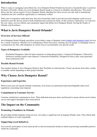 Javis Dumpster Rental: Serving the People of Orlando with Excellence